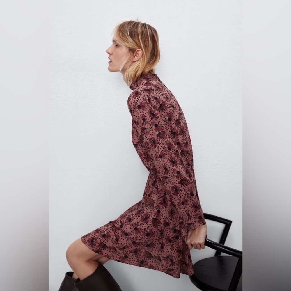Zara Ruffled Print Marsala Dress - Size XS - Picture 4 of 13